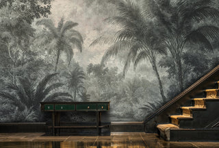 Tropical jungle etching wall mural with lush palms, shown in an entryway with green console and staircase