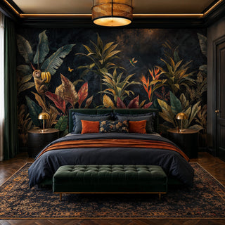 Tropical jungle wall mural featuring vivid banana leaves and monkey on dark background in an opulent bedroom with green velvet bench
