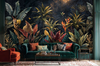 Tropical jungle wall mural with colorful leaves and monkey shown behind a vintage upright piano in an elegant music room