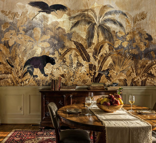 Tropical jungle wallpaper featuring golden palm fronds and black panther, displayed in elegant dining room setting