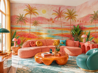Tropical lagoon wall mural with pink mountains and palms in a colorful living room with curved coral sofa