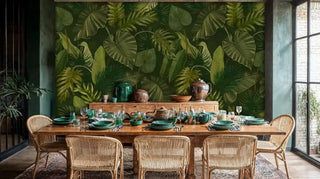 Tropical leaves wallpaper with lush banana and palm fronds in green tones, shown in elegant dining room