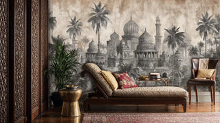 Tropical palace wall mural featuring ornate domes and palm trees in sepia tones, shown in elegant living room with brass accents