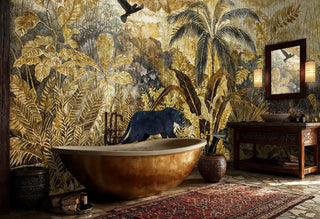 Tropical panther wall mural featuring golden palm fronds and exotic foliage in a luxury bathroom with copper bathtub