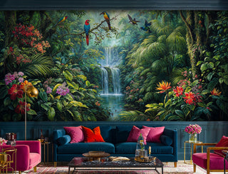 Tropical paradise wall mural with colorful parrots and waterfall in luxurious living room with navy velvet sofa