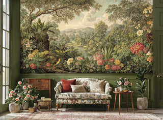 Tropical paradise wall mural with exotic birds and vibrant florals in green living room with floral sofa