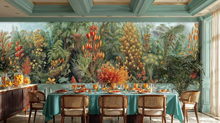 Tropical paradise wall mural with flame bromeliads and palm fronds in elegant teal dining room with coffered ceiling
