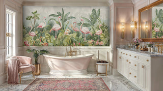 Tropical paradise wall mural with flamingos and palm fronds, shown in luxurious living room with crystal chandelier