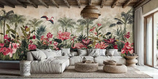 Tropical paradise wall mural with flamingos, coral water lilies, and palm trees in rustic living room with woven furniture