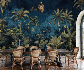Tropical paradise wall mural with golden palm trees and birds on navy background, shown in elegant dining room