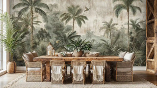 Tropical paradise wall mural with herons and palm trees in sage greens and beiges, displayed in boho dining room