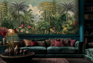 Tropical paradise wall mural with palm trees and hibiscus flowers in luxurious living room with velvet sofa