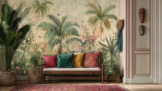 Tropical paradise wall mural with palm trees, exotic birds, and florals in beige and green, shown in elegant entryway