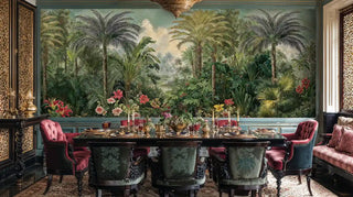 Tropical paradise wallpaper featuring exotic plants in elegant dining room with ornate gold details