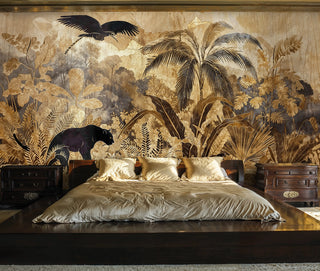 Tropical paradise wallpaper featuring lush foliage and wildlife, displayed behind luxurious bedroom with golden bedding