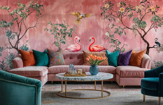 Tropical paradise wallpaper with flamingos and flowering trees, displayed in maximalist living room with marble coffee table