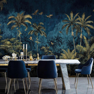 Tropical paradise wallpaper with palm trees and birds in gold and navy, featured in modern dining space