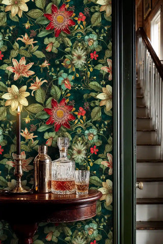 Tropical passion flower wallpaper with coral blooms and emerald foliage, displayed in elegant hallway with crystal decanters