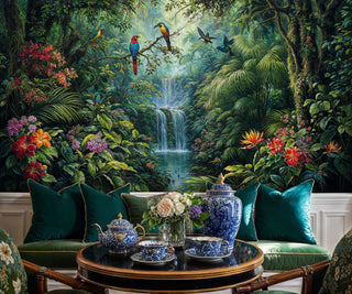 Tropical rainforest wall mural with cascading waterfall in refined sitting area with blue and white china tea set
