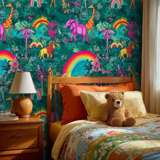Tropical safari wallpaper featuring elephants, lions and palm trees, displayed in warm kids bedroom with lamp