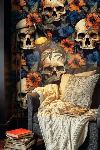 Tropical skull pattern wallpaper with vibrant blooms in cozy reading nook with cable knit throw