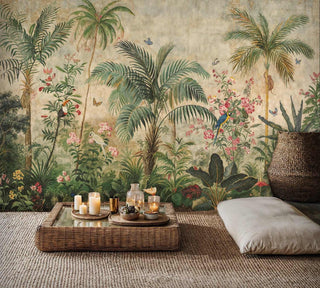 Tropical wall mural featuring parrots and lush botanicals, displayed in living room with rattan coffee table