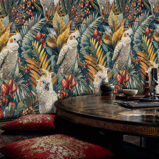 Tropical wallpaper with cockatoos and berries displayed in sophisticated dining room with round wooden table