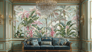 Tropical wallpaper with palm fronds and flowering plants shown in formal dining room with crystal chandelier