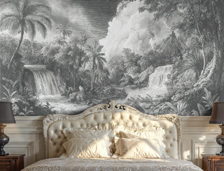 Tropical waterfall wall mural in grey tones with lush foliage, in a classic bedroom with ornate tufted ivory headboard