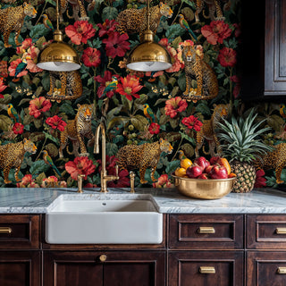 Tropical wildlife wallpaper showing leopards and parrots, featured in luxurious kitchen with marble countertops