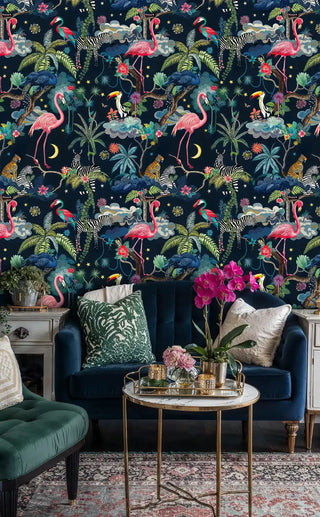 Tropical wildlife wallpaper with colorful birds and animals on dark background, displayed in elegant living room with fireplace