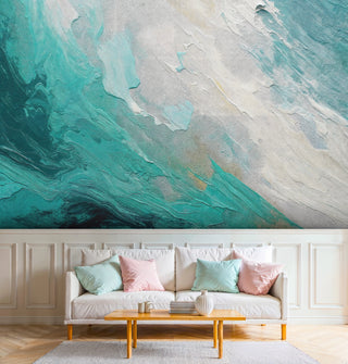 Turquoise abstract wave wall mural with painterly textures, in modern living room with colorful throw pillows