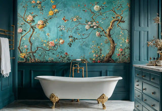 Turquoise chinoiserie wall mural with flowering trees and butterflies, displayed in luxury bathroom with clawfoot tub
