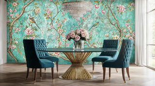Turquoise chinoiserie wallpaper featuring songbirds and flowering branches in dining room with glass table and blue chairs