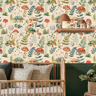 Turtle and mushroom wallpaper in soft earth tones, featured in child's bedroom with wooden furniture and shelf decor
