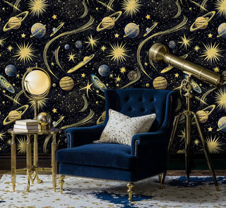 Universe themed wallpaper with planets and stars, displayed in luxury study with brass telescope