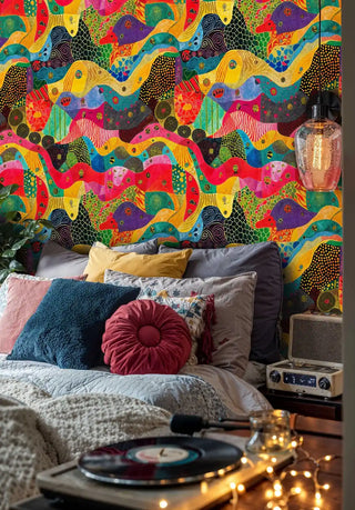 vibrant abstract flowing patterns wallpaper with colorful ribbons in cozy bedroom with vintage radio