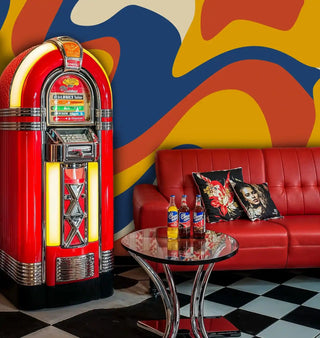 vibrant abstract wallpaper with fluid shapes, shown in retro game room with classic red jukebox