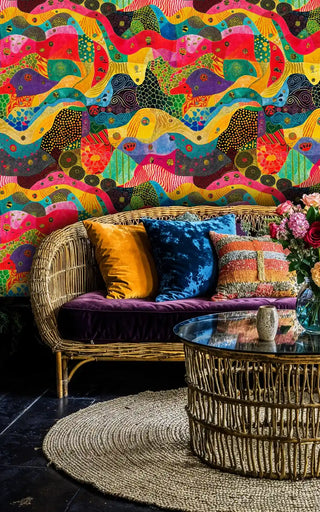 vibrant flowing abstract patterns wallpaper with dynamic ribbons in bohemian living room with rattan furniture