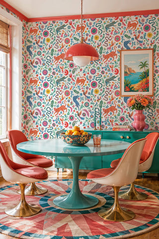 Vibrant folk animal wallpaper with snakes and florals, shown in a colorful dining room with tulip table and chairs