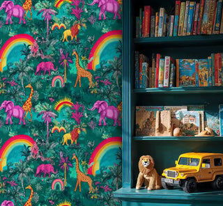 Vibrant jungle wallpaper with giraffes, lions and tropical palms, shown in kids room with bookshelf and toys