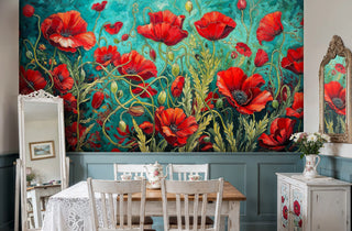 Vibrant poppy field wallpaper with red blooms and turquoise background in cottage dining room with vintage furniture