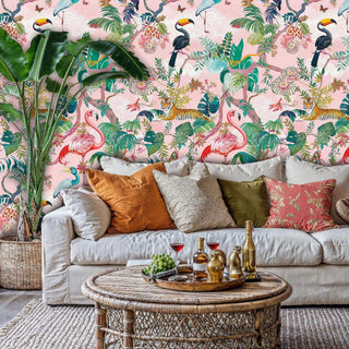 vibrant tropical animal wallpaper with flamingos and exotic birds in modern living room with woven coffee table