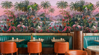 Vibrant tropical wallpaper with exotic birds and palm trees, showcased in sophisticated restaurant with teal banquettes