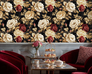 Victorian style rose wallpaper with cream peonies and red roses, displayed in sophisticated dining room with glass tiered stand