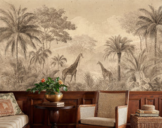 Vintage African safari wallpaper with giraffes and tropical trees, displayed in formal dining room with wicker chairs