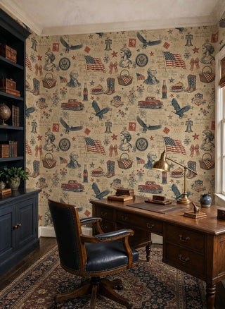 Vintage Americana wallpaper with eagles, flags, and red trucks on aged beige, in a classic home office with leather chair