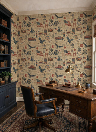 Vintage Americana wallpaper with eagles, flags, and red trucks on aged tan, in a study with brass lamp