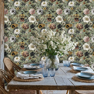 Vintage botanical wallpaper with butterflies and florals, shown in rustic dining space with wooden table