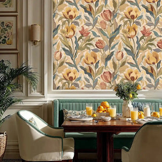 Vintage botanical wallpaper with golden blooms and coral tulips in elegant dining room with green banquette